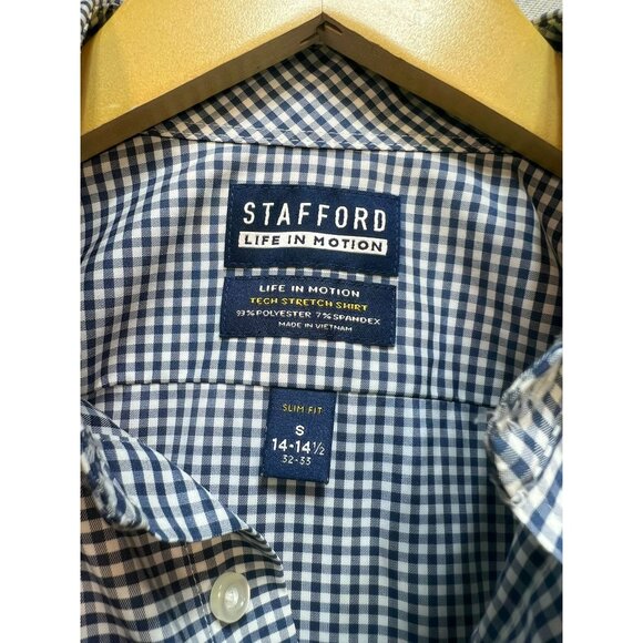 Stafford Men's Slim Fit Tech Stretch Shirt Button Down Size S Blue White Check - Picture 3 of 10